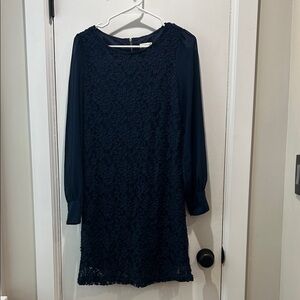 Navy Lace Dress with Shear Sleeves